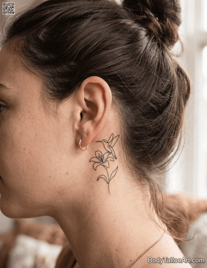 One-line minimalist Lily With Hummingbird Tattoos