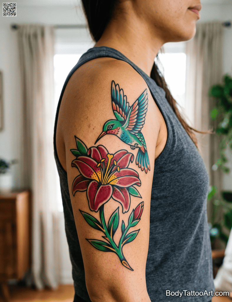 Bold Traditional Color Block Lily With Hummingbird Tattoos