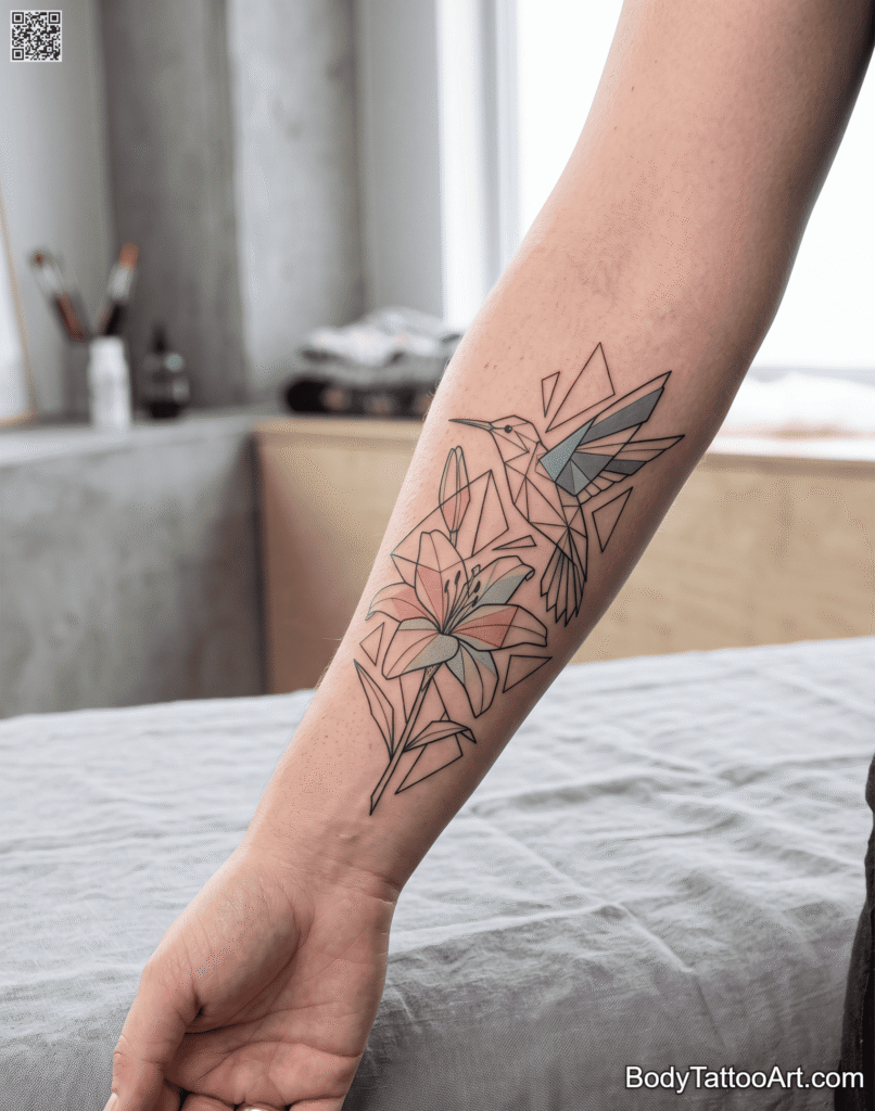 Geometric Fragmentation Lily With Hummingbird Tattoos