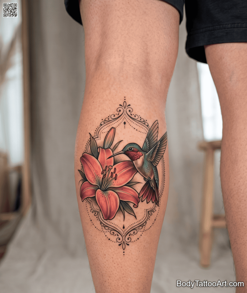  Neo-Traditional With an Ornamental Frame Lily With Hummingbird Tattoos