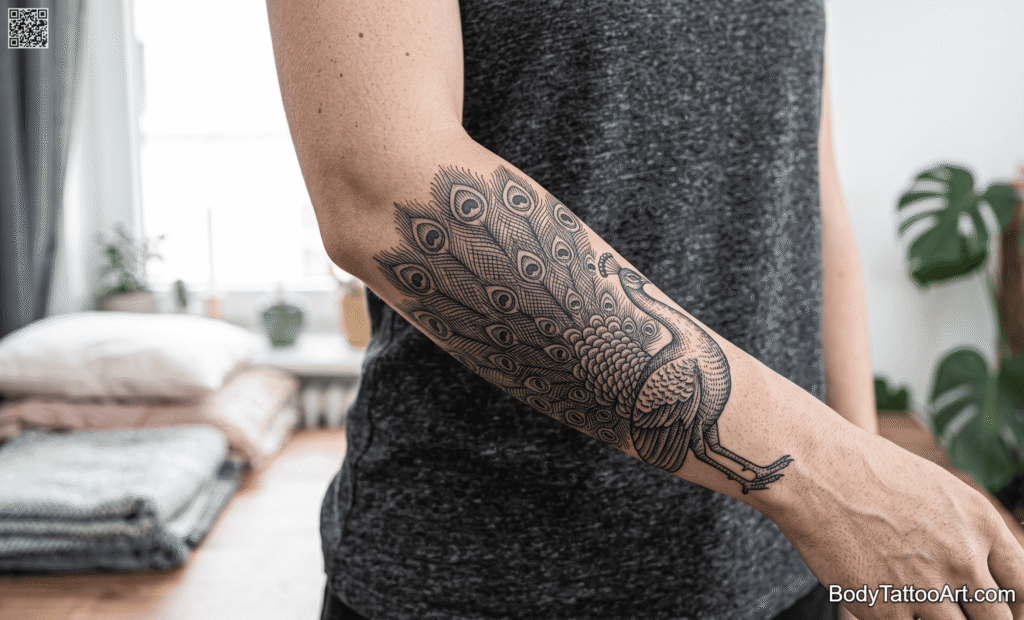 Vintage Engraving Style Peacock Tattoos